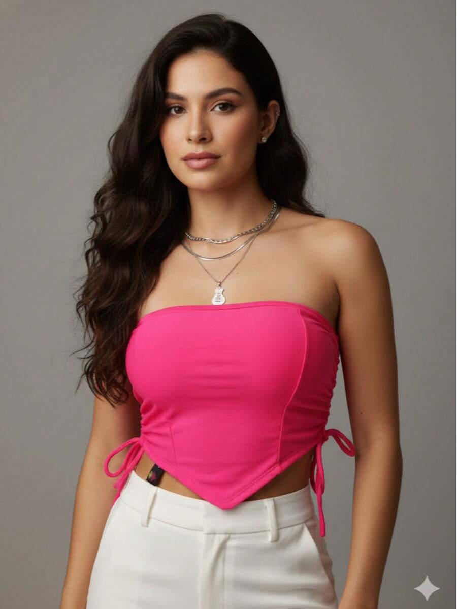 Women's Cropped Top With Band And Tie With Suplex Cup Strapless Blogueirinha One Size - Fits Sizes 36 To 42 - 玫紅色 - 查看 1