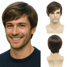 男士金色短假发，自由分缝，日常佩戴假发，带刘海，透气玫瑰网帽，150%密度，完美适用于日常佩戴、万圣节派对、角色扮演服装。 - 咖啡棕 - 查看 3