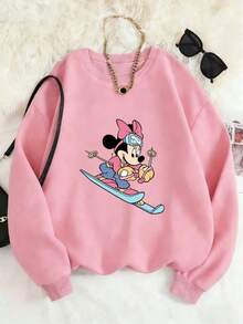 Disney Officially Licensed | New Arrival | Disney Limited Edition Design | Minnie Mouse Skiing Print | Pink Unisex Kids' Casual Sweatshirt | 100% Polyester | Ultra Comfortable & Super Soft | For Ages 1-14 | High Appearance Value, High Compliments, Versatile For Daily Wear, Ideal For Commute, Relaxed Fit, Stylish | Perfect For Fall/Winter, Daily, Outdoor & School Use | Express Delivery - 粉色 - 查看 2