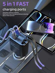 YITUMU 66W可伸缩车载充电器，带数字显示屏，五合一快速车载手机充电器，配备双PD接口、2根可伸缩充电线和USB接口——送给司机的智能礼物，实用的圣诞节和新年车载配件 - 彩色 - 查看 11