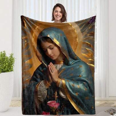 1pc Our Lady Of Guadalupe Pattern Fleece Blanket, Premium Soft Flannel Fabric, Cozy Home Sofa Throw, Hypoallergenic Digital Printing, Suitable For Bed, Sofa, Camping, Travel, Car, Ideal Gift For Birthday, Holiday, All Season Luxury Item | Quality Design | Durable Material