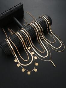 Bộ 8 dây chuyền thời trang kẻ sọc dọc và tua rua tròn, thích hợp cho hẹn hò, du lịch, đi làm hàng ngày, dự tiệc, kỷ niệm, quà tặng ngày lễ cho phụ nữ. - Màu vàng kim - Bộ 8 món - Xem 1