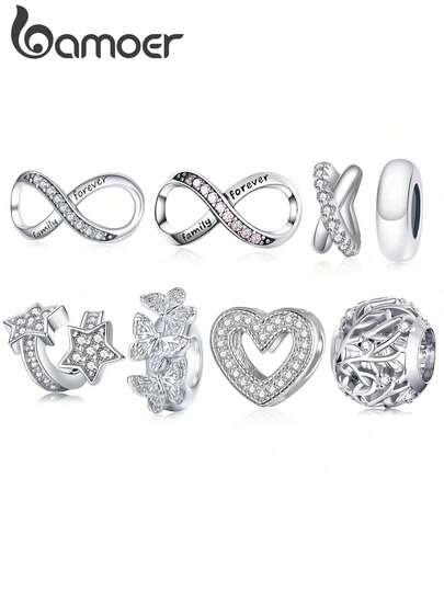 bamoer 1 pieza Colgante de corazón de circonita cúbica transparente de plata de ley 925, cuentas de amor infinito brillante, adecuado para pulsera, collar, joyería DIY