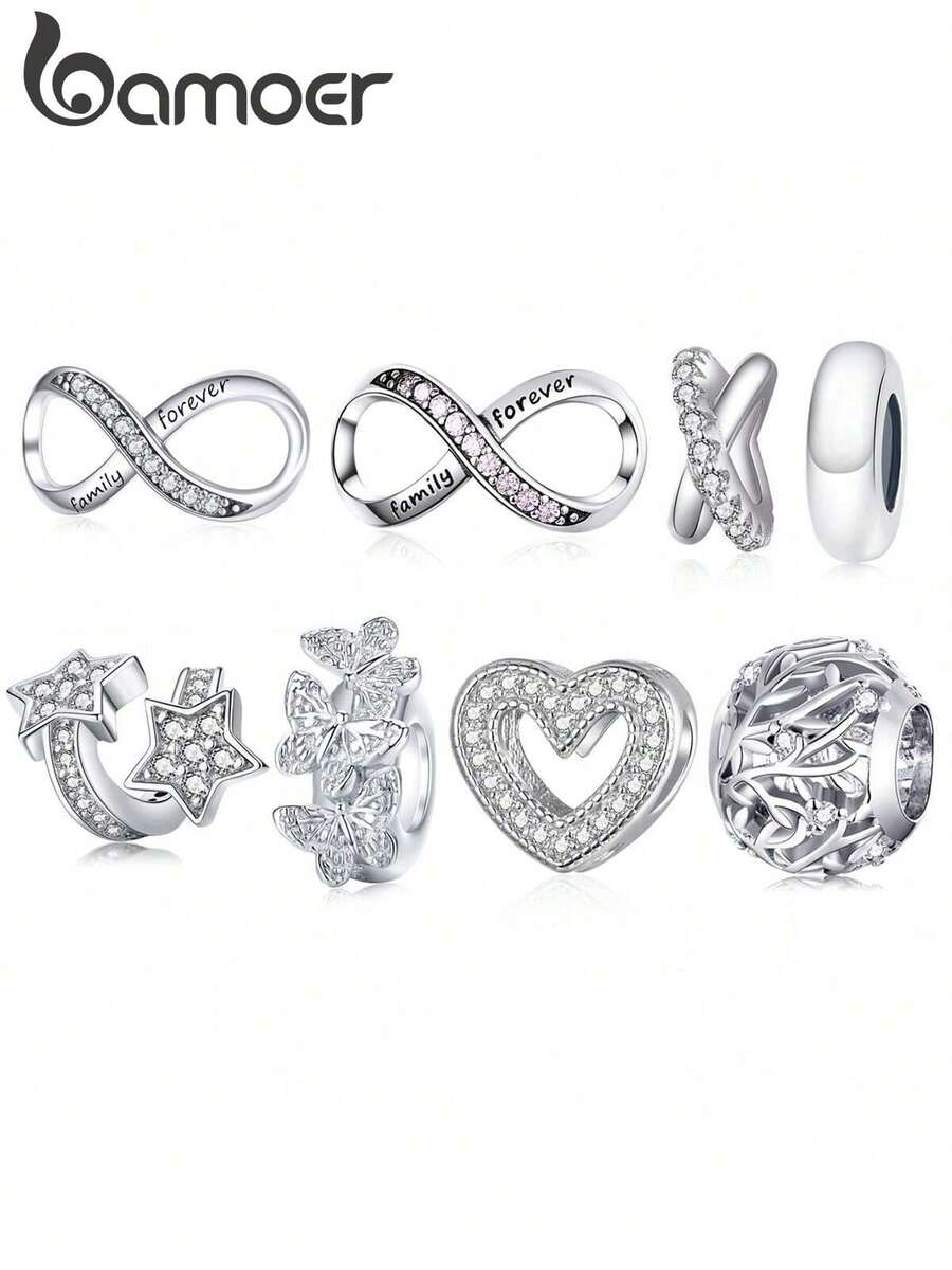 bamoer 1个925纯银透明立方氧化锆心形吊坠，闪耀无限爱心珠，适合制作手链、项链等DIY首饰 - 銀色 - 查看 1