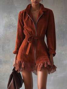 Women's Autumn Winter Velvet Suede Dress With High Neck, Zipper, And Pockets. - màu đỏ gạch - Xem 4