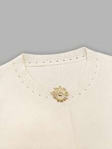 女士新款杏色圆领无袖向日葵纽扣修身开衫，时尚休闲度假日常简约通勤节日生日外出教师办公室针织衫，春夏秋季 - 杏色 - 查看 4