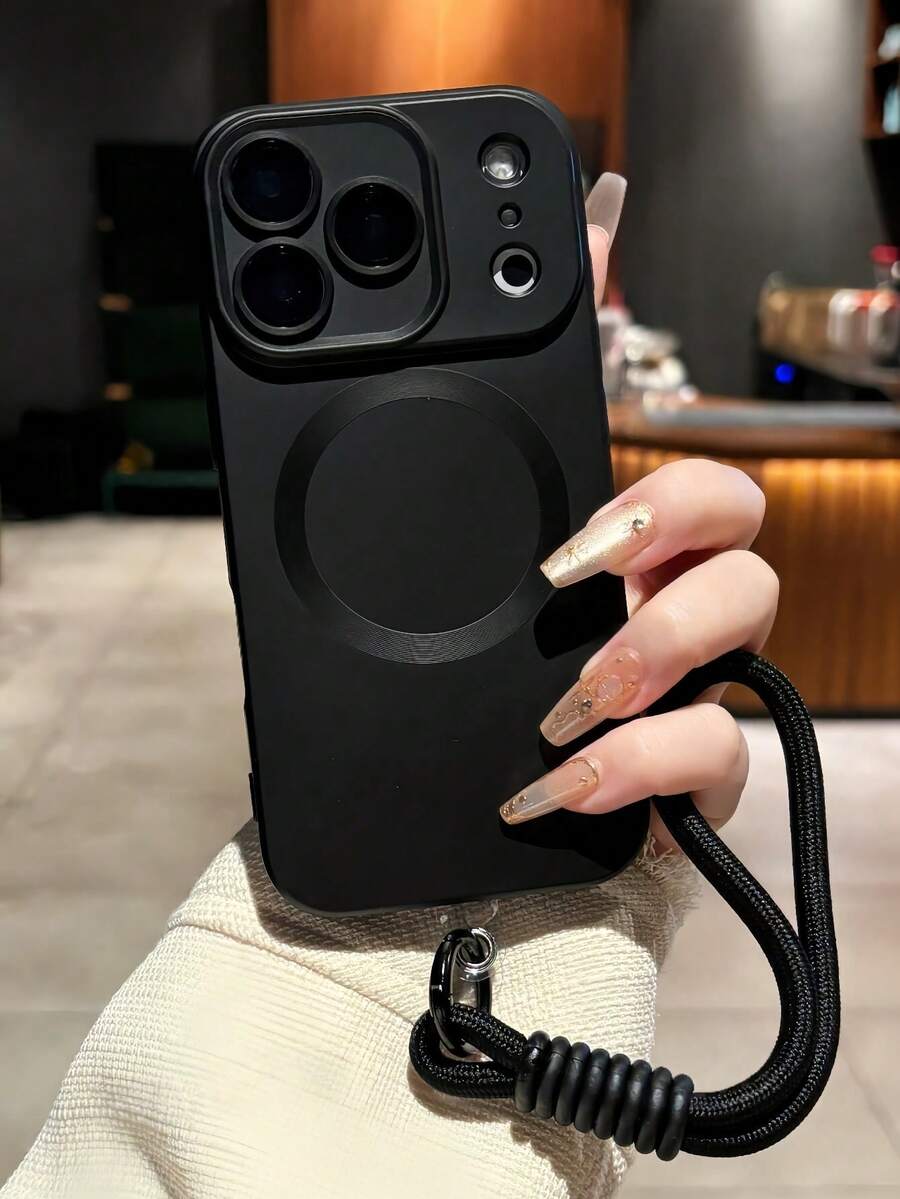 1个极简纯黑色手机壳 + 1条黑色编织手机挂绳，时尚磁吸磨砂腕带手机壳，兼容 17 Pro Max、17 Pro、17 Air、17、16、15、14 Plus、13、12、11 Pro Max，玻璃屏幕，支持无线充电 - 黑色+繩 - 查看 1