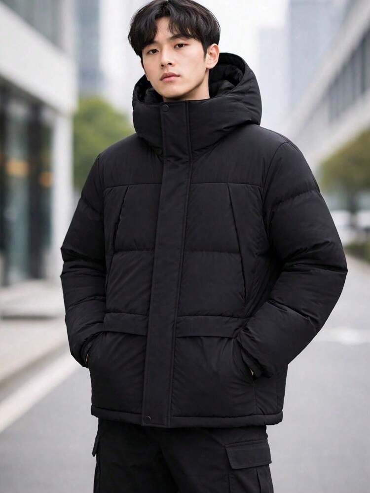 Men's Outdoor Winter Jacket, Thick Padded With Removable Hood - 黑色 - 查看 1
