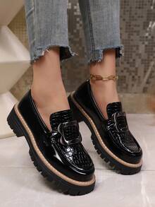 Women's New Thick Sole Loafers, Fashion Versatile Buckle Leather Shoes, Flattering Slip-On Shoes For All Seasons - 816 Black - View 3
