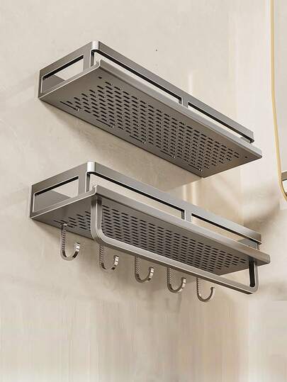 1pc Wall-Mounted Storage Rack, Bathroom Corner Shelf, Towel Bar With Hooks, Bathroom Organizer, Shower Caddy, Bathroom Accessories, Suitable For Kitchen, Bathroom, Balcony And Other Spaces