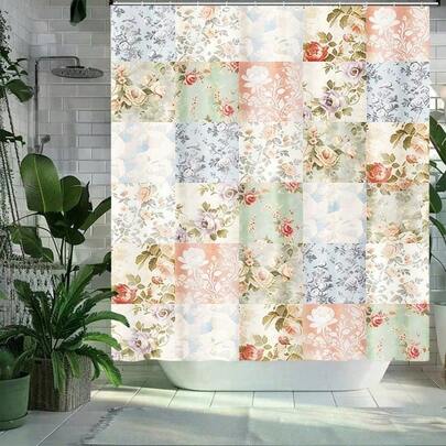 1 Bathroom Shower Curtain, Bohemian Style Shower Curtain, Vintage Pink Floral Bohemian Bathroom Decoration, Medieval Farmhouse Style Floral Patchwork Shower Curtain