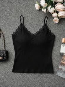 法式蕾丝吊带背心，带衬垫胸部，性感内衣，女士春夏休闲黑色 - 黑色 - 查看 2