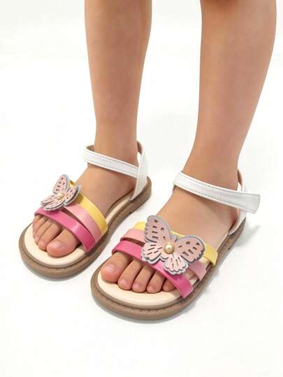 1 Pair Multicolor Toddler Sandals, Girls' Flat Sandals With Hook And Loop Closure, Colorful Strap Design With Butterfly Decor, Suitable For Summer Outings, Banquets, Parties, Weddings, Vacations, And Daily Wear