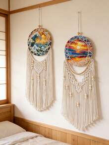 1 pièce Décoration murale décorative de style bohème avec motif vague océan coucher de soleil coloré, attrape-rêves rond avec design géométrique, détails de franges et de perles. Déclaration artistique pour la chambre à coucher, le salon, l'appartement, le dortoir, la maison de plage, la salle de méditation, le studio de yoga, l'entrée, la décoration intérieure de la maison - Multicolore - Voir 6
