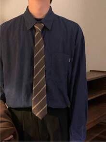 1pc Men's Coffee Striped Polyester Necktie, Collegiate Style Suitable For Daily Wear - Coffee Brown - View 3