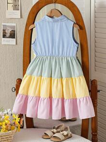 Girls' Summer Sleeveless Collared Striped Dress With Daisy Decor & Colorful Skirt, Fresh & Sweet Casual Dress - Multicolor - View 2