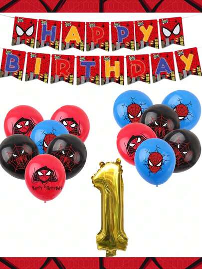 Marvel 28pcs Avengers Theme Party Decoration Set, Includes Latex Balloons, Birthday Banner And Numbers, Spider-Man Superhero Themed Supplies, Suitable For Boys Birthday Party Decoration