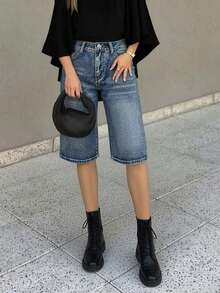 5种欧美休闲街头时尚女式牛仔裤和牛仔短裤风格 - 深色水洗藍 - 查看 2