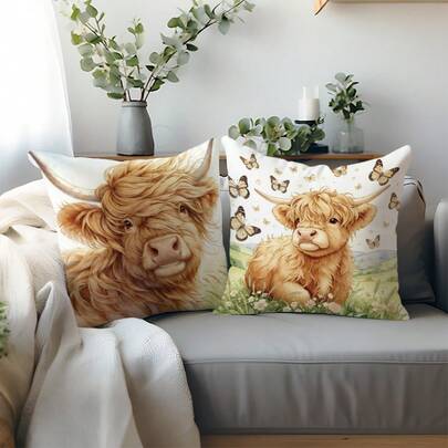 MEMNUN 2pcs Watercolor Style Fresh Highland Cow & Butterfly Printed Pillow Covers [No Pillow Insert], 17.7*17.7in(45*45cm), [Single-Sided Printing], Made Of Polyester, Animal Lover Cushion Covers For Sofa, Bed, Living Room, Bedroom, Car, Office, Hotel Decor, Suitable For All Seasons, Perfect Gift For Family And Friends