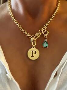 1pc Gold Letter Necklace With Green Diamond Pendant, Stainless Steel Chain, Fashion Multi-Pendant Necklace, Unique Luxury Women Necklace - Yellow Gold - View 19