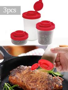 3 piezas Tarros de especias de plástico con tapas abatibles rojas y tapas tamizadoras, Juego de salero y pimentero mini, Adecuado para camping, viajes, picnics, loncheras - Rojo - Ver 1