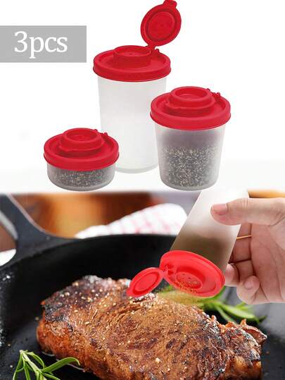 3 piezas Tarros de especias de plástico con tapas abatibles rojas y tapas tamizadoras, Juego de salero y pimentero mini, Adecuado para camping, viajes, picnics, loncheras