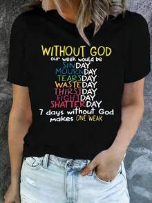 Plus Size Women's Christian Inspirational Letter Print-Shirt - Casual Crew Neck, Short Sleeve Top, Suitable Spring And Summer, Washable, Spring Fashion |   Inspirational Quotes |   Elastic Fabric TRJL - 黑色 - 查看 8