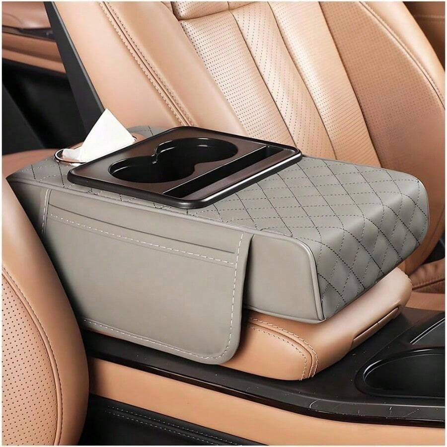 Caja de almacenamiento para alfombrilla de reposabrazos, tapa central 5 en 1, con 2 bolsas de almacenamiento, portavasos, compartimento para pañuelos y compartimento para teléfono. Apto para sedanes. Accesorios y almacenamiento interior disponibles en cinco colores. - Gris - Ver 1