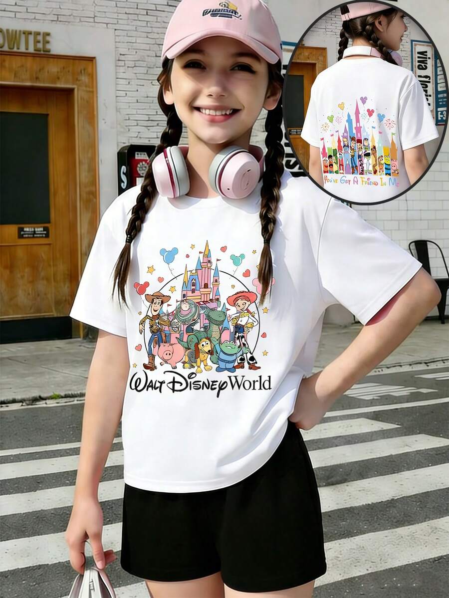 Disney Shining Boy (Double-Sided Print): Toy Story Woody, Buzz Lightyear, Trish, Ham, Spring Dog Elements Cartoon Print, Casual And Simple Short Sleeved T-Shirt, Suitable For Spring And Summer Seasons, Suitable For Boys And Girls To Wear. - Blanc - Voir 1