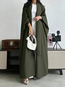 优雅女士长袖落肩卡夫坦长袍，采用无弹力梭织面料制成，不含围巾 - 軍綠色 - 查看 2