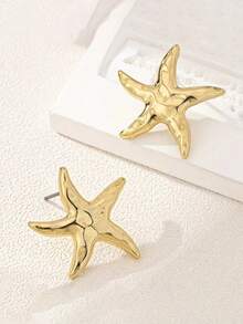 1 Pair Fashionable Minimalist Beach Vacation Style Starfish Earrings, Zinc Alloy Five-Pointed Star Elegant Earrings For Women - Gold - View 2