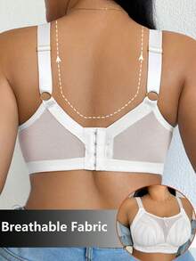 1pc Plus Size Women Minimalist Comfortable Wireless Bra, Mesh Patchwork, Knit Fabric - White - View 2