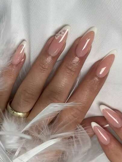 24pcs Almond Shaped Press-On Nails Set, Sweet French Ombre White Nail Tips, With 1pc Nail File & 1pc Jelly Gel, Suitable For Women & Girls Daily Wear