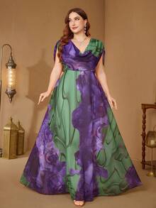 SUPGIR 【随机花卉水彩印花】加大码V领数码水彩优雅雪纺喇叭裙摆派对晚礼服婚礼春季 - 綠色 - 查看 3