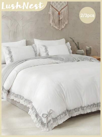 2pcs/3pcs Ruffled Bicolor Duvet Cover Set (1 Duvet Cover + 2 Pillowcases, Without Filler), Fresh Pastoral Style, Fashionable And Cute Classic Design, Comfortable And Breathable Polyester Fabric, Suitable For All Seasons, Applicable To Bedroom, Home Decor, Country Style, Cottage Style, Textured Bedding, Neutral Tones, Spring/Summer, Minimalist And Comfortable