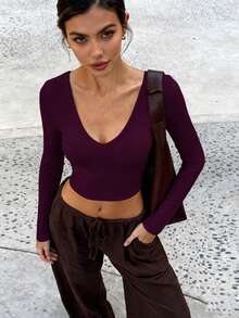 XLLAIS Sexy V-Neck Long Sleeve Cropped Top, Double-Layer High Elasticity Yoga Fabric Casual - Purplish-red - View 3