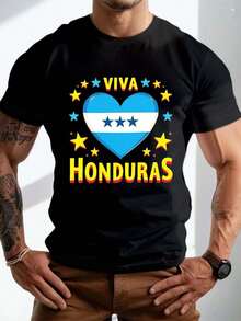 VIVA HONDURAS Camiseta de Verano para Hombre, de Manga Corta, Cuello Redondo, con Patrón Geométrico, Ligeramente Elástica, Corte Regular, Talla Grande - Negro - Ver 1