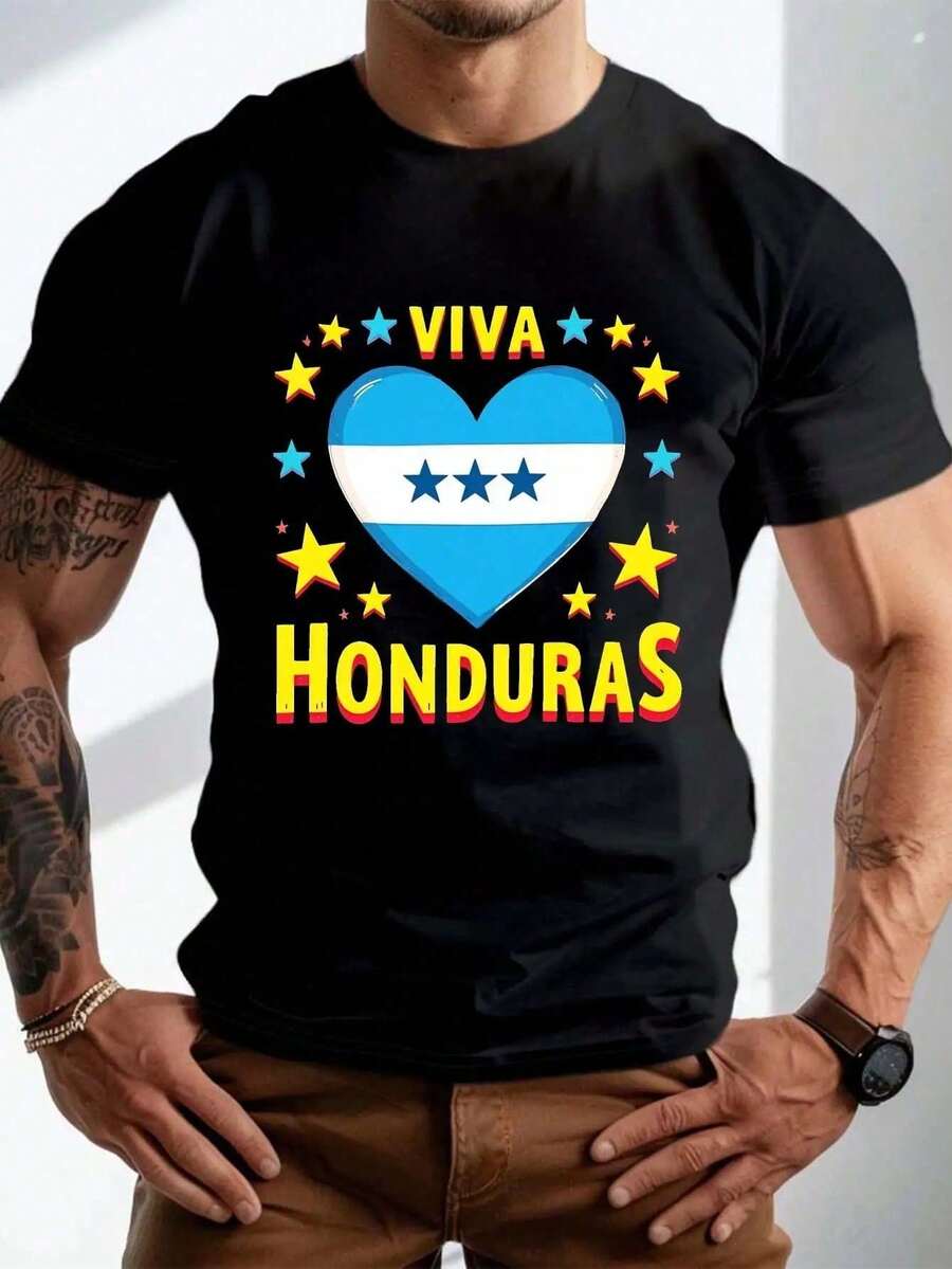 VIVA HONDURAS Camiseta de Verano para Hombre, de Manga Corta, Cuello Redondo, con Patrón Geométrico, Ligeramente Elástica, Corte Regular, Talla Grande - Negro - Ver 1