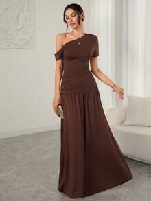 女士新款A字修身连衣裙 - 不对称领口，荷叶边下摆，显瘦优雅，完美适用于春秋季度假和休闲场合 - 棕色 - 查看 1