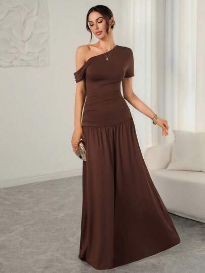 Women's New A-Line Fitted Dress - Asymmetric Neckline, Ruffle Hem, Slimming & Elegant, Perfect For Spring/Autumn Vacation And Casual Occasions