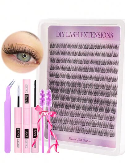 144pcs D-Curl Cluster False Eyelashes Set With Adhesive, DIY Makeup Essential, Large Capacity, Soft & Natural, Beginner-Friendly, Thick & Fluffy, Individual Lash Set, Long-Lasting & Dense, Mixed Styles, Suitable For Beginners & Everyday Use, Applicable For Weddings, Parties, Cosplay, And Music Festivals