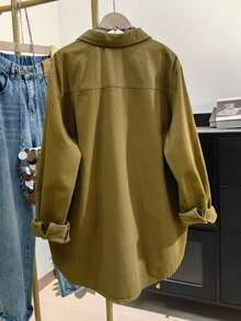 Plus Size Women's Solid Color Pocket Front Button-Down Casual Shirt Spring - Pickle Green - View 2