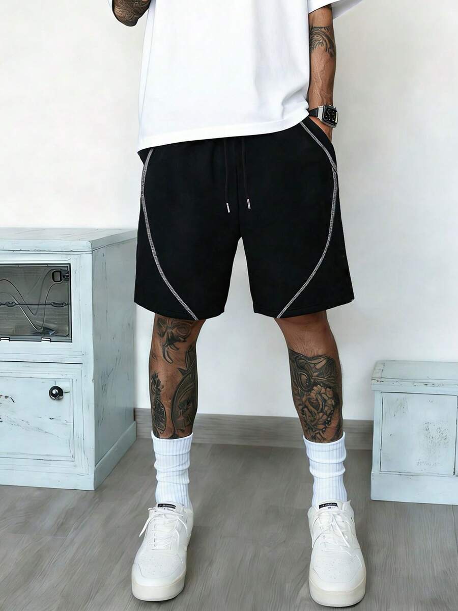 男士多口袋宽松工装短裤，休闲运动短裤，适合日常通勤、锻炼、户外休闲、健身、跑步等各种场合，百搭街头风，及膝长度 - 黑色 - 查看 1