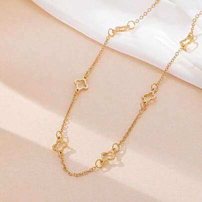 1pc Fashionable & Elegant Hollow Metal Four-Leaf Clover Pendant Long Necklace, Suitable For Teenage Girls Daily, Festival, Party Outfit
