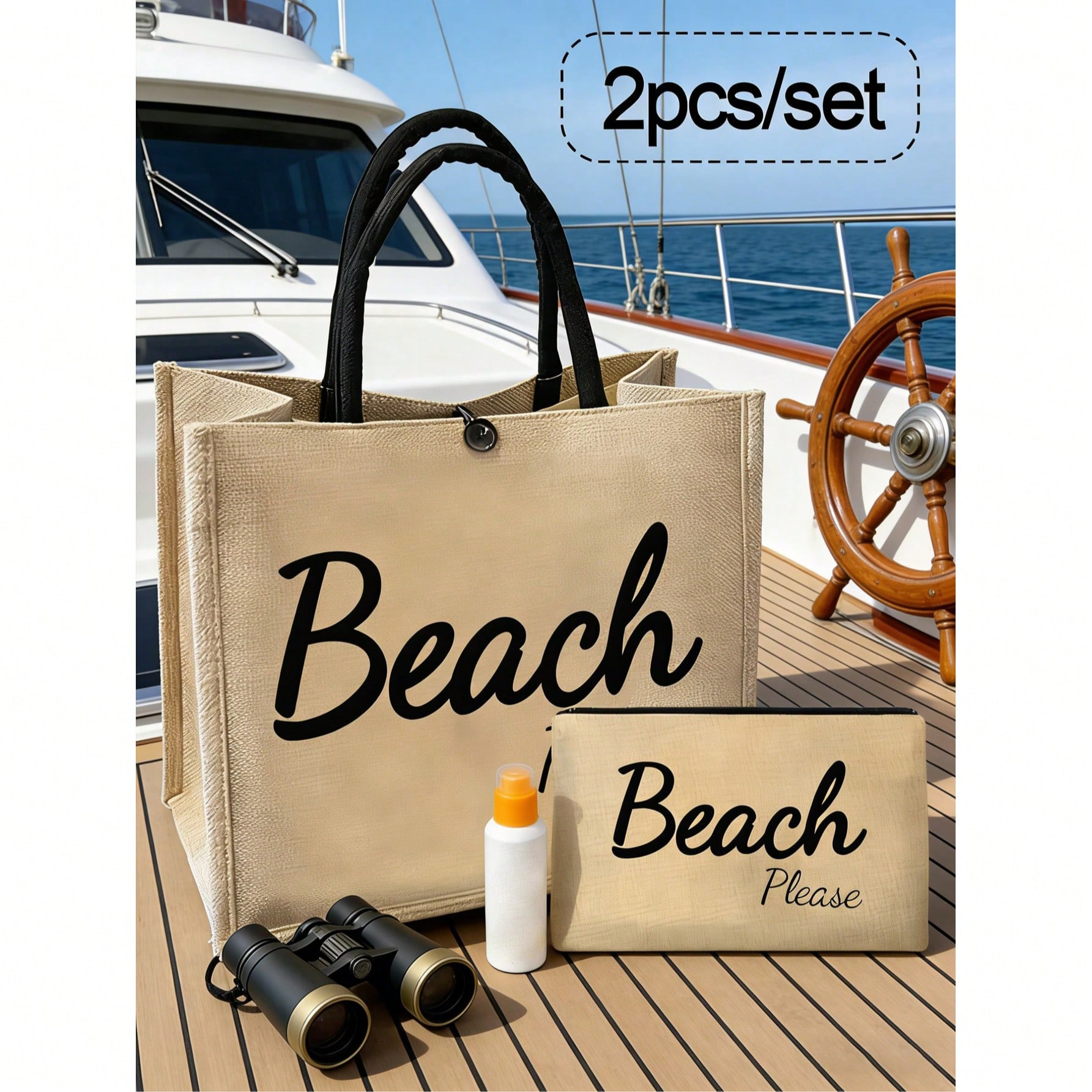 “Beach Please” Letter Printed, Chic Khaki Tote Bag For Women, Including Handbag+Small Coin Purse,Large Capacity,Polyester Material Fashionable, Fashionable Shoulder Handbag With Secure Clasp Closure And Wrist Strap,Suitable For Daily Use, Holidays, Beache