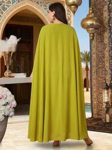 Plus Size Women's Solid Color Round Neck Embroidered Beaded Elegant Arabic Abaya Spring - Fruit Green - View 2