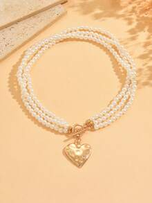 1pc Vintage 3-Layer Handmade Beaded Necklace With Hammered Heart Clasp, Versatile Choker Jewelry For Daily Wear, Dates, Parties, Also Suitable As Mother's Day Gift - Multicolor - View 2