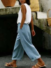 Pantalones casuales y cómodos de unicolor retro, adecuados para primavera/verano, casual de negocios, ropa de playa, ir al trabajo y ocio diario, pantalones anchos y sueltos con bolsillos, nueva colección primavera/verano - Neblina azul - Ver 4
