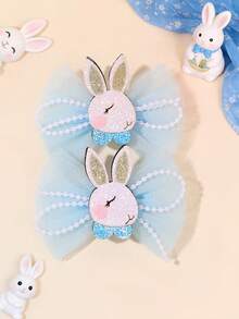 2个复活节兔子发夹，闪亮兔子蝴蝶结鳄鱼夹，可爱素面薄纱发夹，优雅兔子装饰发卡，可爱甜美复活节发卡，青少年发饰 - 彩色 - 查看 1