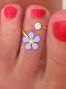 1枚精致简约方形水钻花朵可调节金属脚趾环，可爱风格，适合作为礼物，海滩度假 - 彩色 - 查看 2